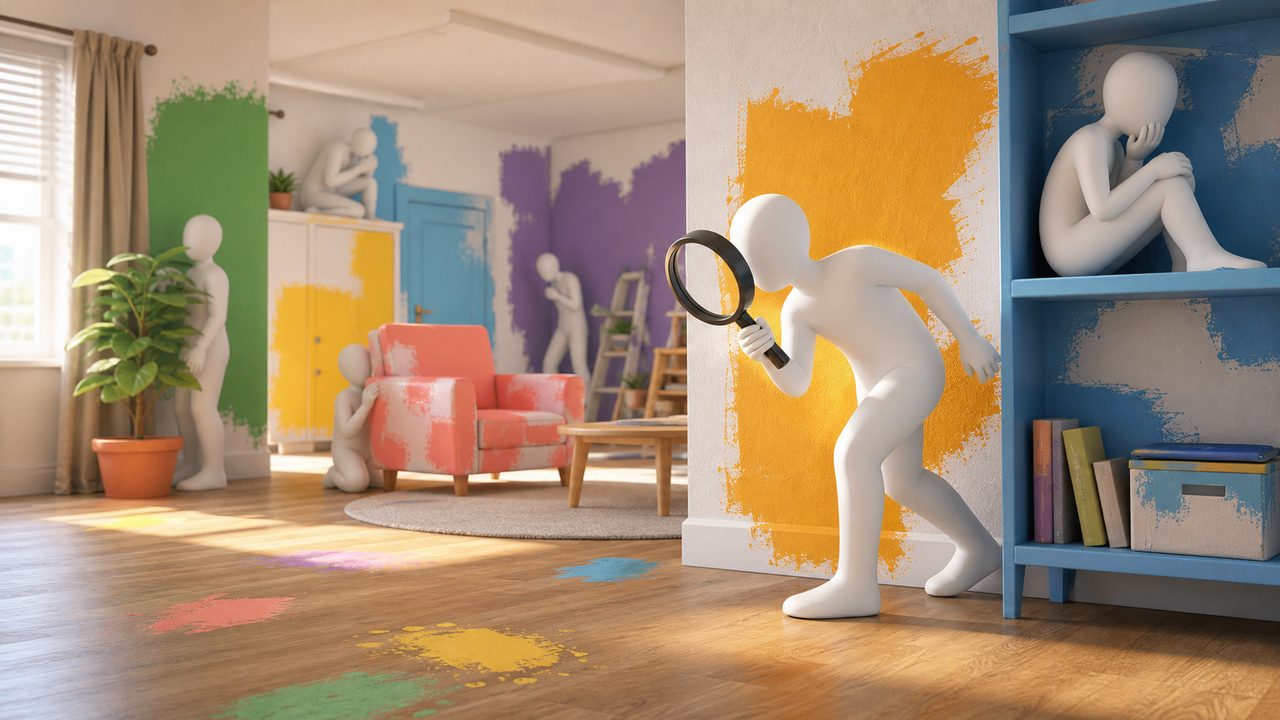A colorful hide-and-seek party game scene with painted characters blending into a room.
